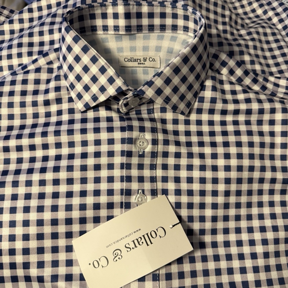 Collars and Co Semi-Spread Collar Polo Shirt Mens Small Navy Gingham Stretch NWT - Picture 2 of 2